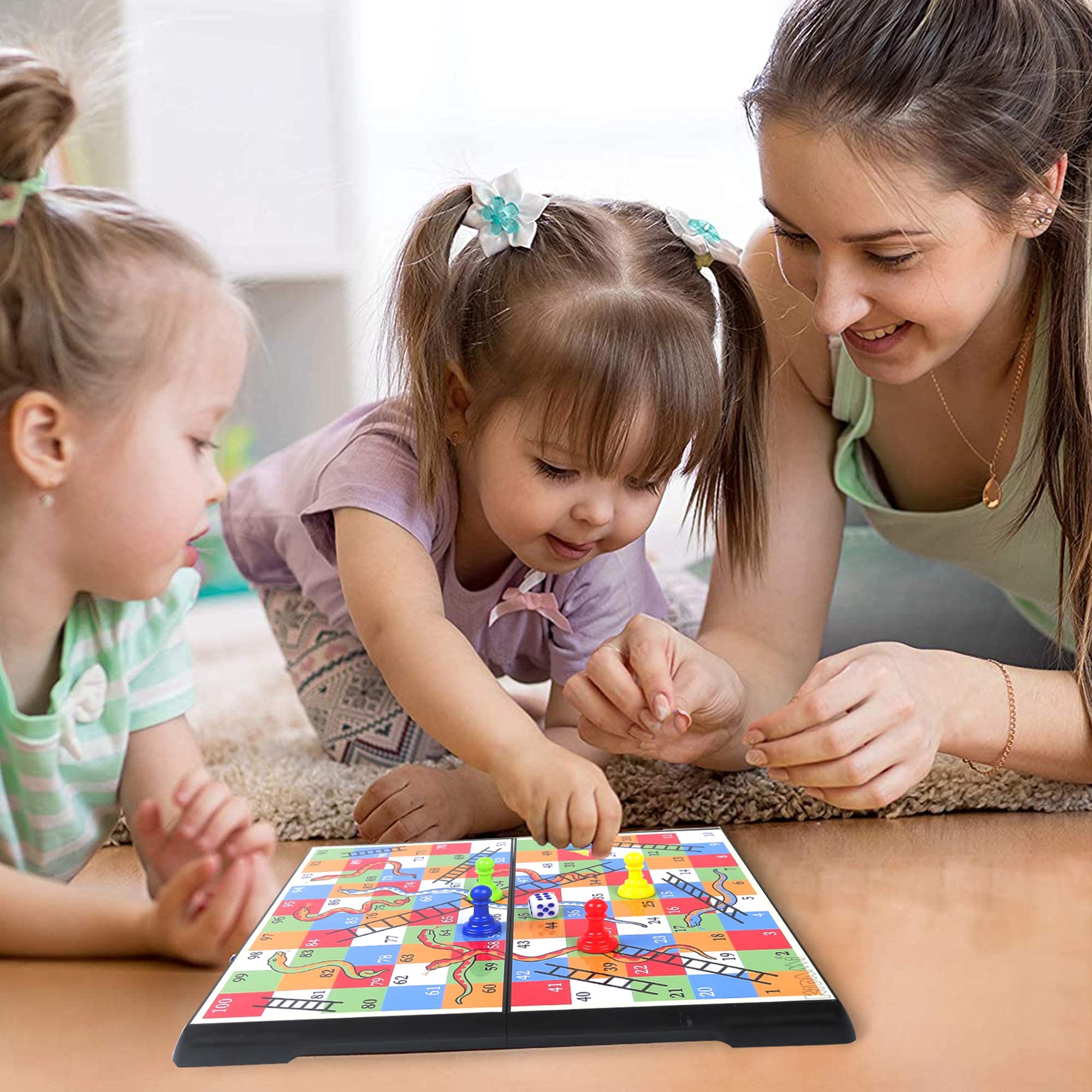 KIDAMI Magnetic Snakes and Ladders Board Game – 9.75-Inch Travel Set with Storage Box