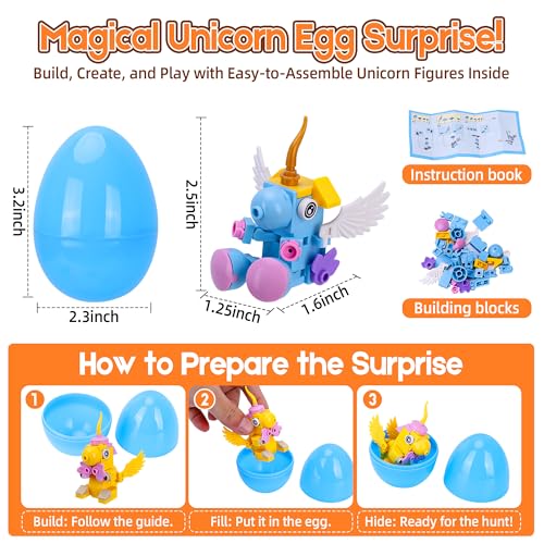 Kiddelo 12 Pack Prefilled Easter Eggs with Mini Unicorn Building Blocks – Easter Basket Stuffers, Party Favors