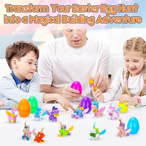Kiddelo 12 Pack Prefilled Easter Eggs with Mini Unicorn Building Blocks – Easter Basket Stuffers, Party Favors