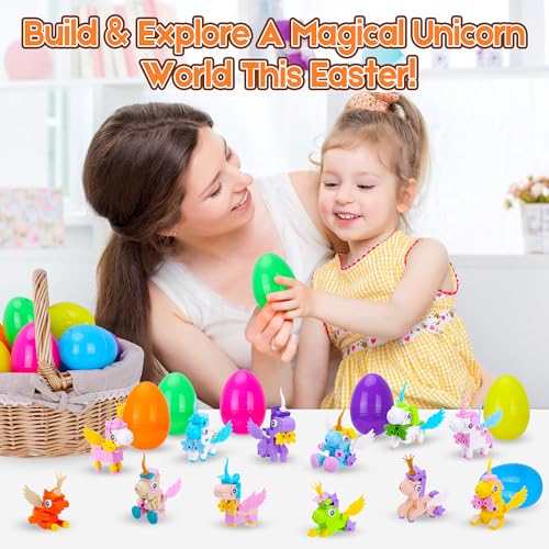 Kiddelo 12 Pack Prefilled Easter Eggs with Mini Unicorn Building Blocks – Easter Basket Stuffers, Party Favors