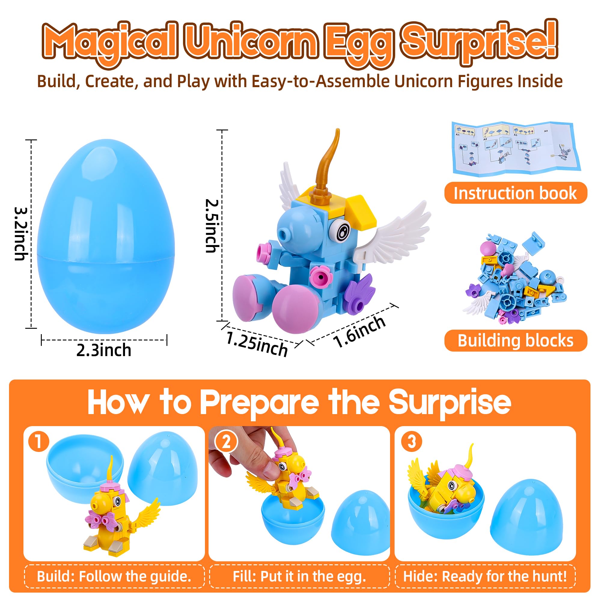 Kiddelo 12 Pack Prefilled Easter Eggs with Mini Unicorn Building Blocks – Easter Basket Stuffers, Party Favors