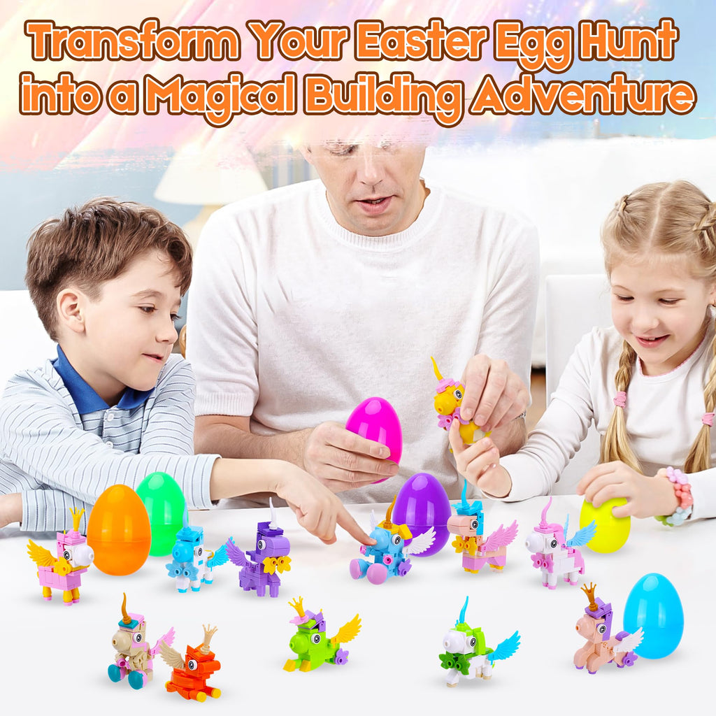 Kiddelo 12 Pack Prefilled Easter Eggs with Mini Unicorn Building Blocks – Easter Basket Stuffers, Party Favors