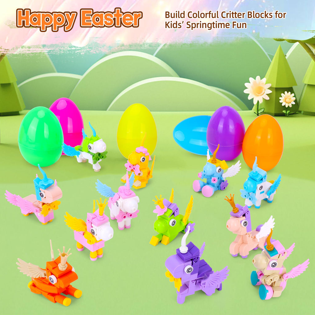 Kiddelo 12 Pack Prefilled Easter Eggs with Mini Unicorn Building Blocks – Easter Basket Stuffers, Party Favors