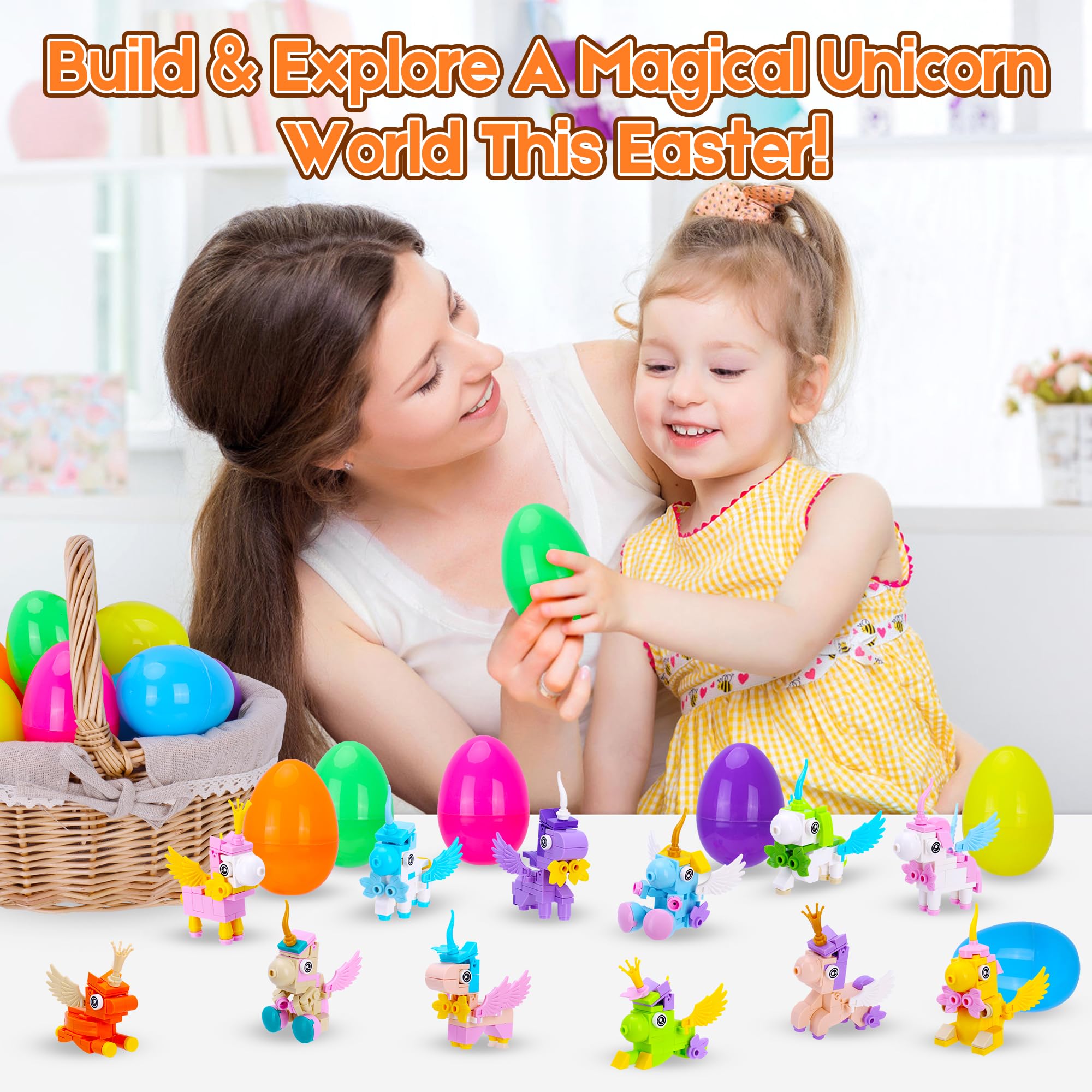 Kiddelo 12 Pack Prefilled Easter Eggs with Mini Unicorn Building Blocks – Easter Basket Stuffers, Party Favors