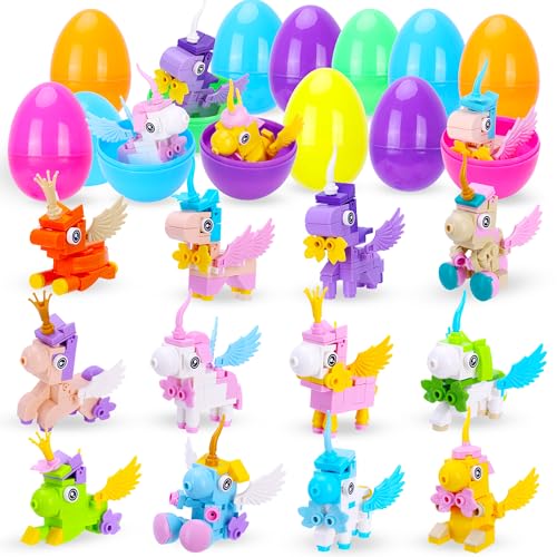 Kiddelo 12 Pack Prefilled Easter Eggs with Mini Unicorn Building Blocks – Easter Basket Stuffers, Party Favors