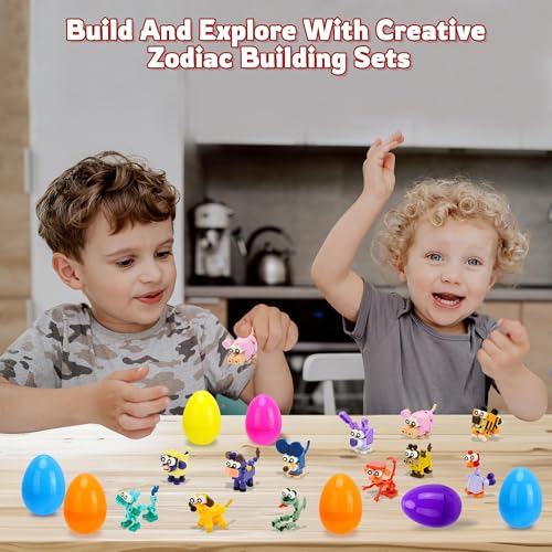 Kiddelo 12-Pack Prefilled Easter Eggs with Zodiac Animal Building Blocks – Fun Egg Hunt Surprises