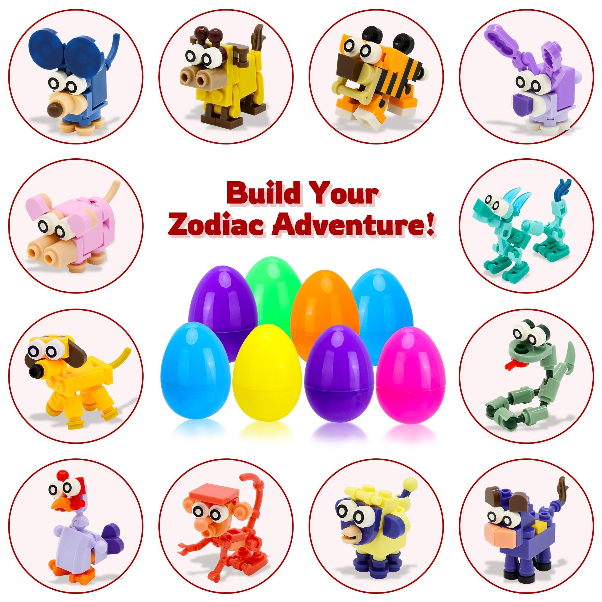 Kiddelo 12-Pack Prefilled Easter Eggs with Zodiac Animal Building Blocks – Fun Egg Hunt Surprises