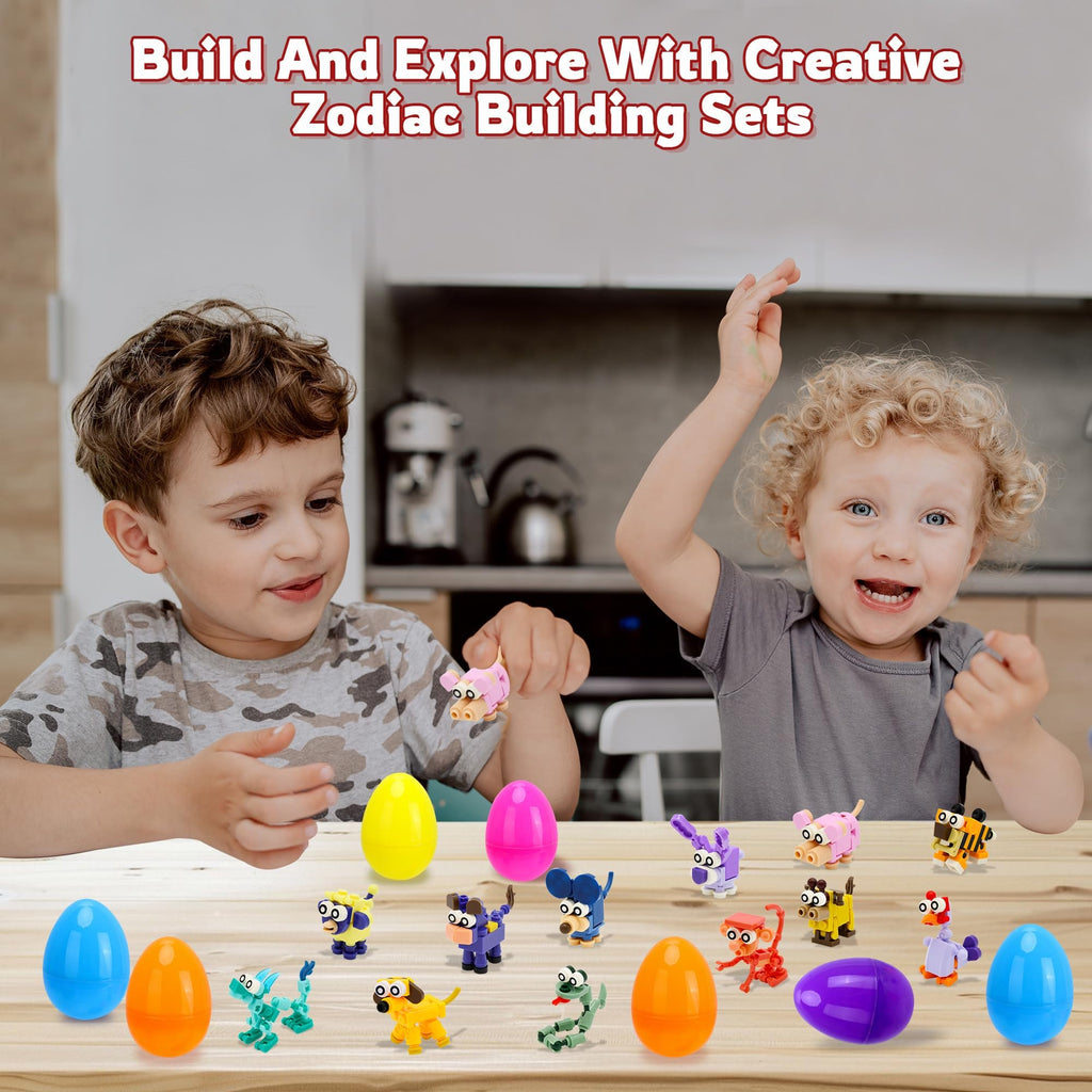 Kiddelo 12-Pack Prefilled Easter Eggs with Zodiac Animal Building Blocks – Fun Egg Hunt Surprises