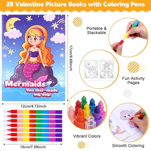 Kiddelo 28 Pack Valentine’s Day Gifts for Kids Classroom Exchange – Mini Coloring Books with Crayons, Non Candy Party Favors