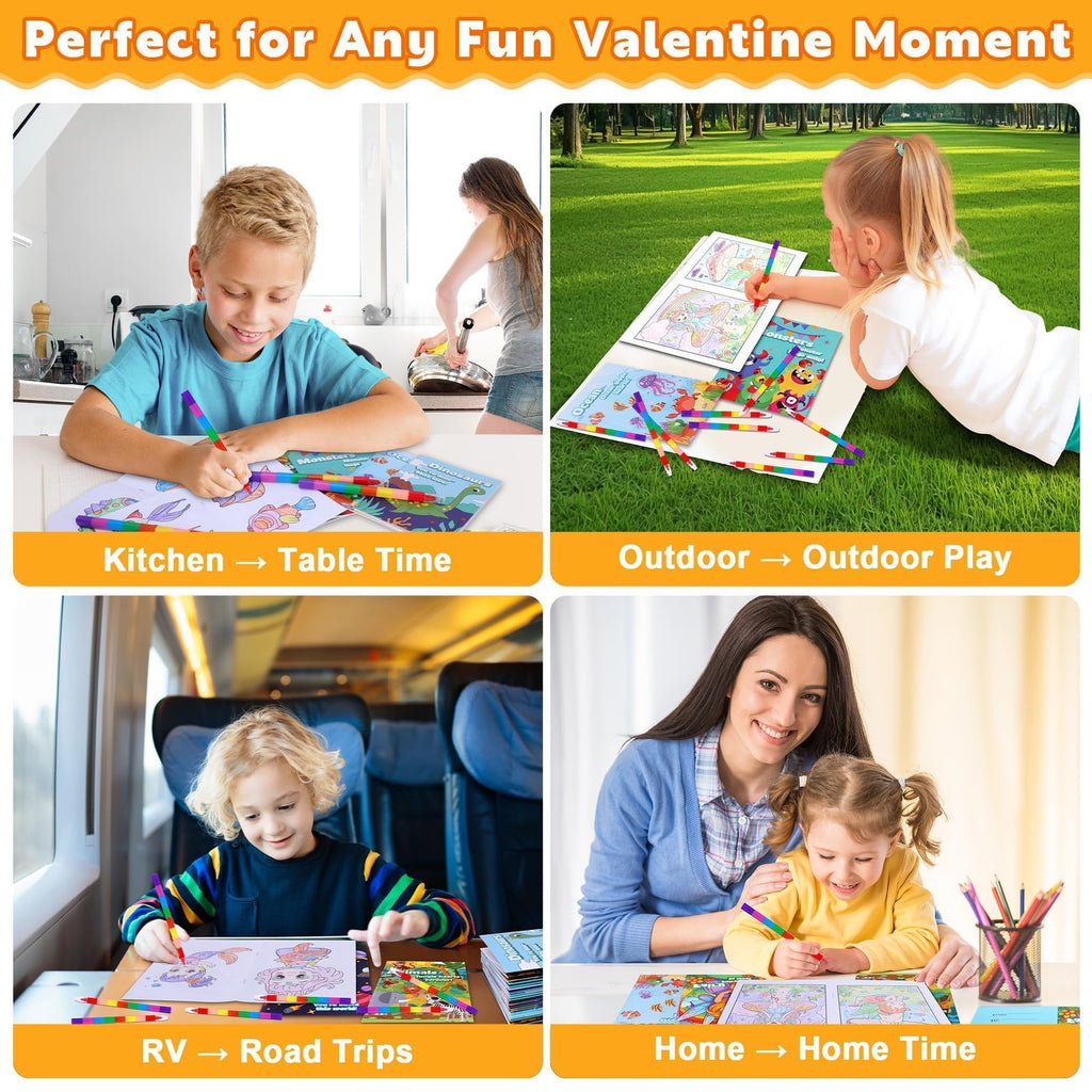 Kiddelo 28 Pack Valentine’s Day Gifts for Kids Classroom Exchange – Mini Coloring Books with Crayons, Non Candy Party Favors