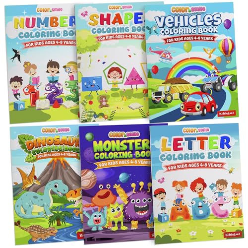 KiddieLoot 12-Pack Coloring Books for Kids Ages 4-8 – Dinosaurs, Monsters, Vehicles, Alphabet, Numbers & Shapes – 8.5x11 Inches