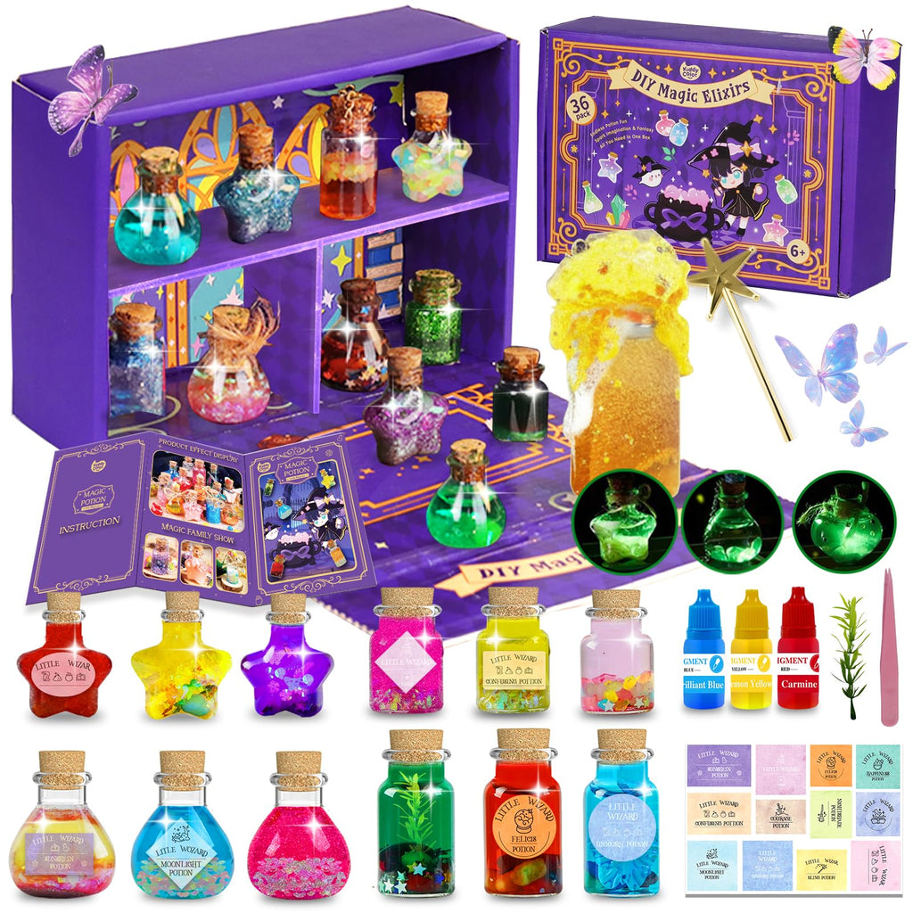 KIDDYCOLOR Magic Potion Kit for Kids – 36-Piece Craft Set with 12 Bottles, Powders, Glitter & More