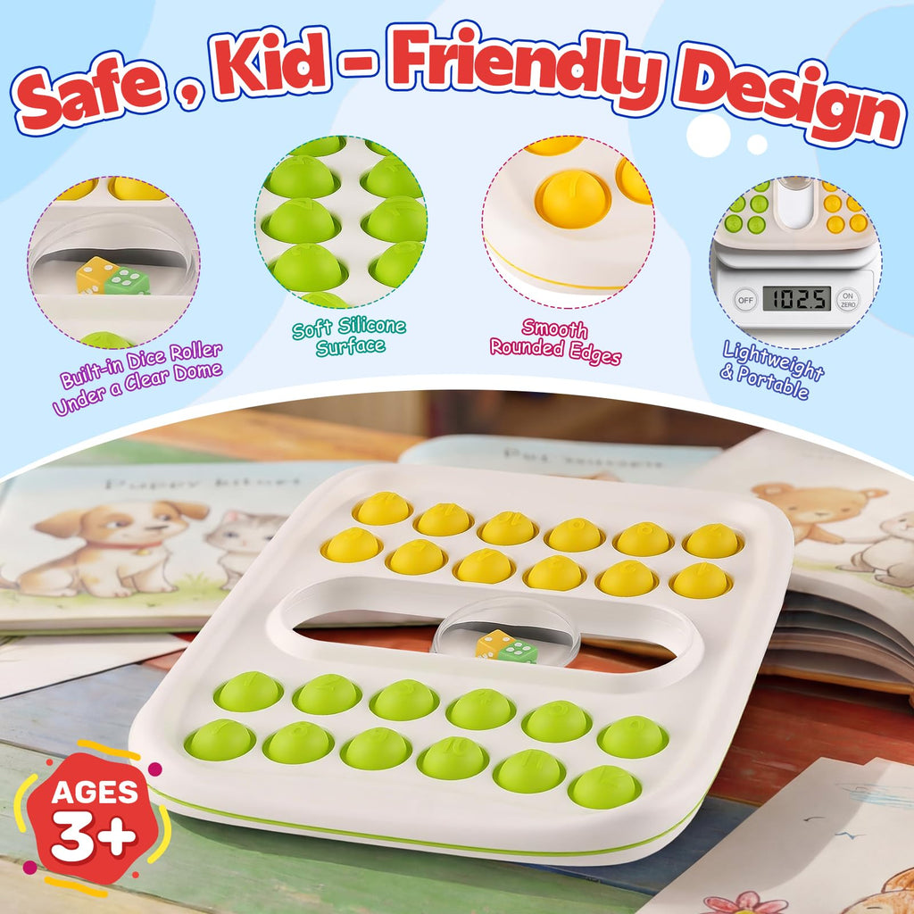 Kiditos Pop Math Game – Fun Addition & Subtraction Learning Toy for Kids Ages 4-8 with Built-in Dice and Sensory Fidget Pop Bubbles