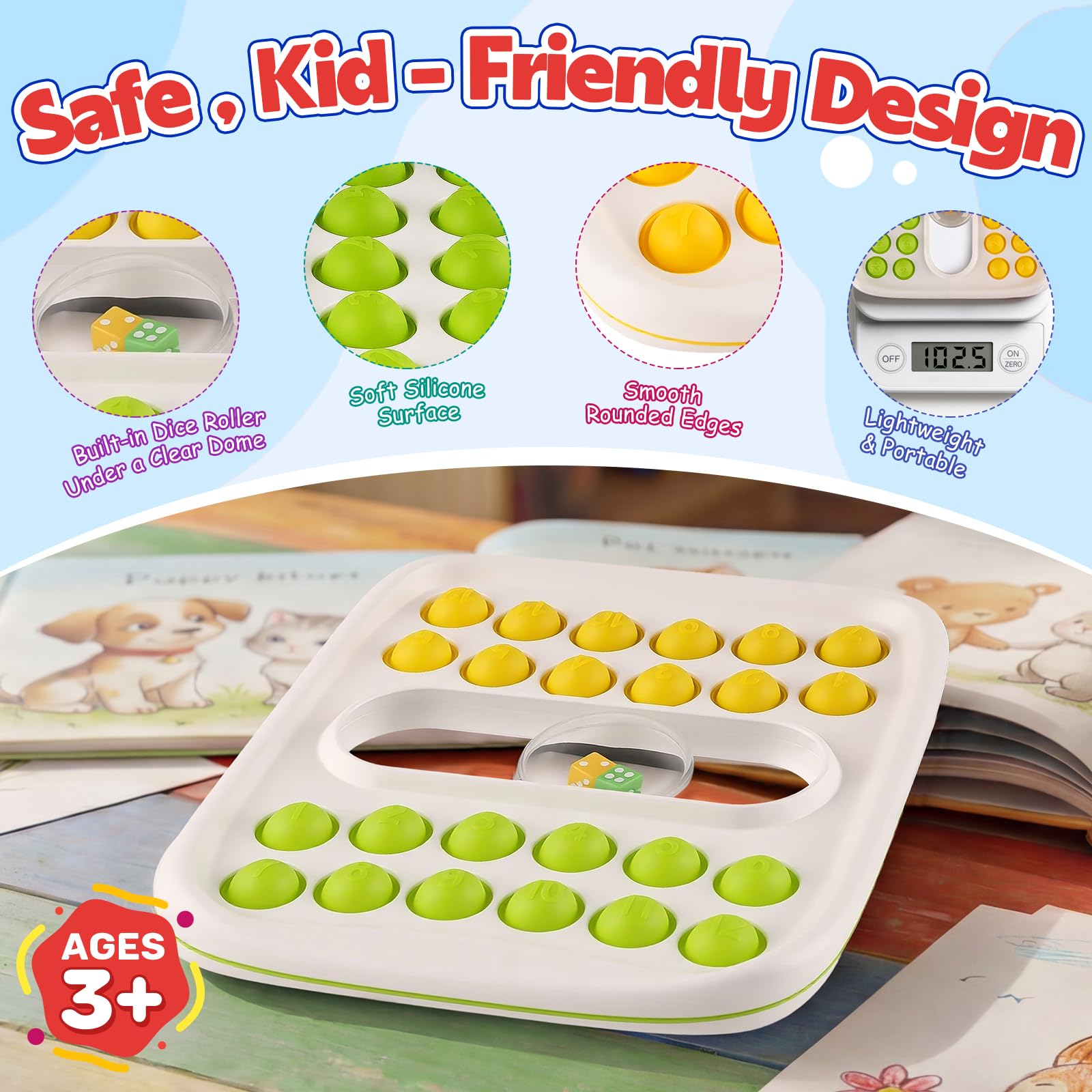 Kiditos Pop Math Game – Fun Addition & Subtraction Learning Toy for Kids Ages 4-8 with Built-in Dice and Sensory Fidget Pop Bubbles