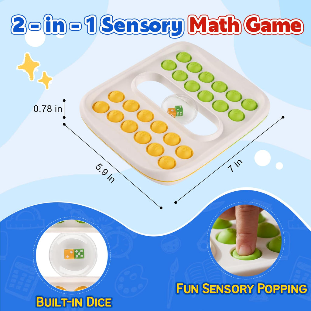 Kiditos Pop Math Game – Fun Addition & Subtraction Learning Toy for Kids Ages 4-8 with Built-in Dice and Sensory Fidget Pop Bubbles