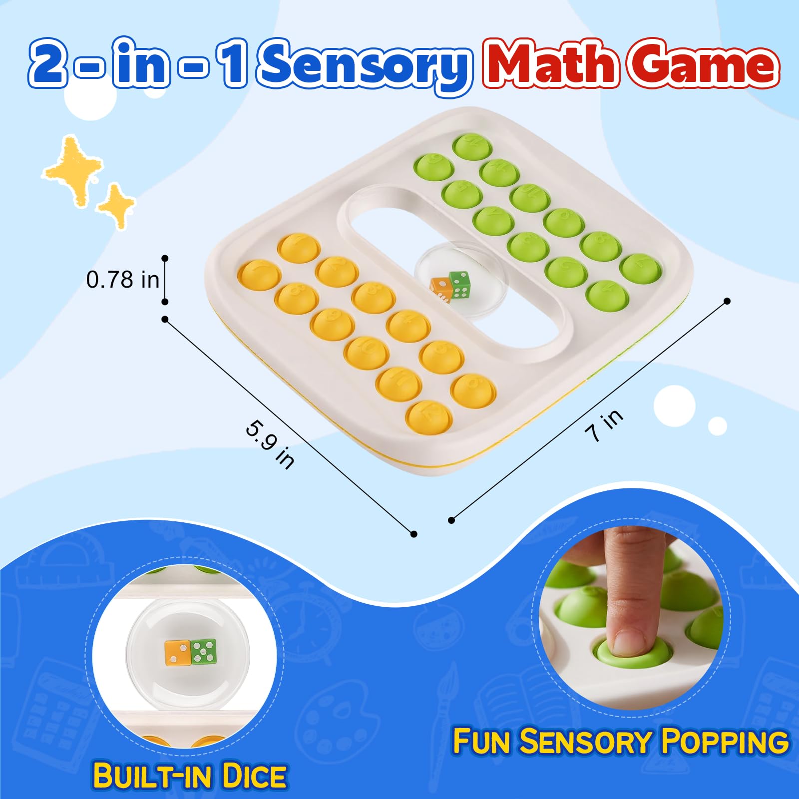 Kiditos Pop Math Game – Fun Addition & Subtraction Learning Toy for Kids Ages 4-8 with Built-in Dice and Sensory Fidget Pop Bubbles
