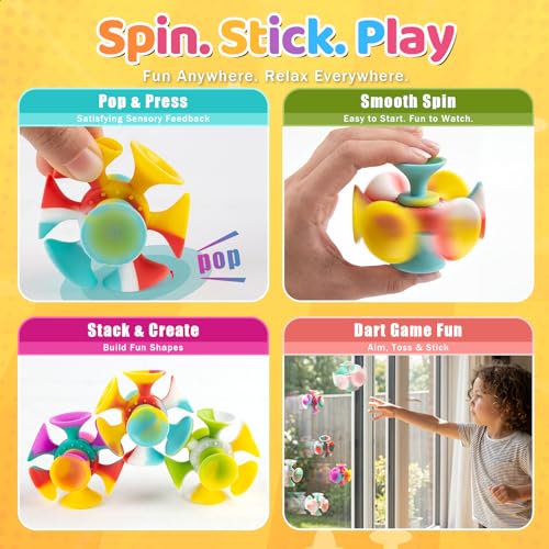 Kiditos Suction Cup Spinner Toys, 4 Pack - Sensory Fidget Toys for Toddlers and Kids, Screen-Free Stick and Spin Toy for Travel, Bath, Car, and Desk