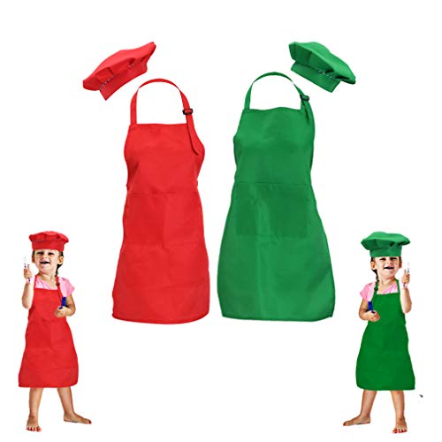 Kids Apron and Chef Hat Set - 2 Pack Green & Red for Cooking, Painting, Baking Ages 5-12