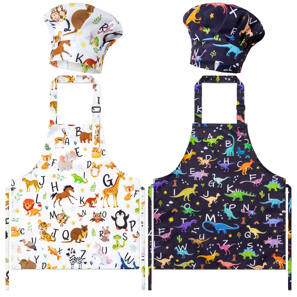 Kids Apron and Chef Hat Set (4 Pieces) – Adjustable, Waterproof, with Alphabet Design and Pockets for Baking, Cooking, Painting