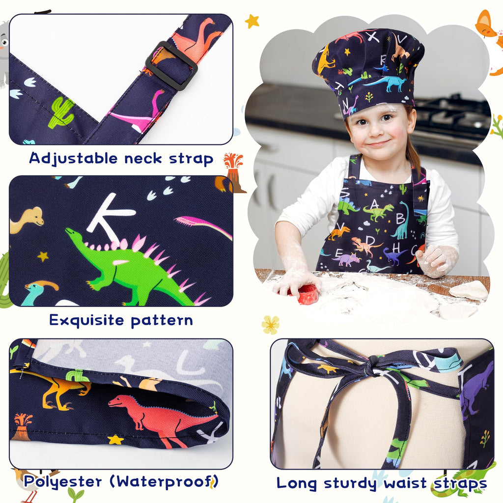 Kids Apron and Chef Hat Set (4 Pieces) – Adjustable, Waterproof, with Alphabet Design and Pockets for Baking, Cooking, Painting
