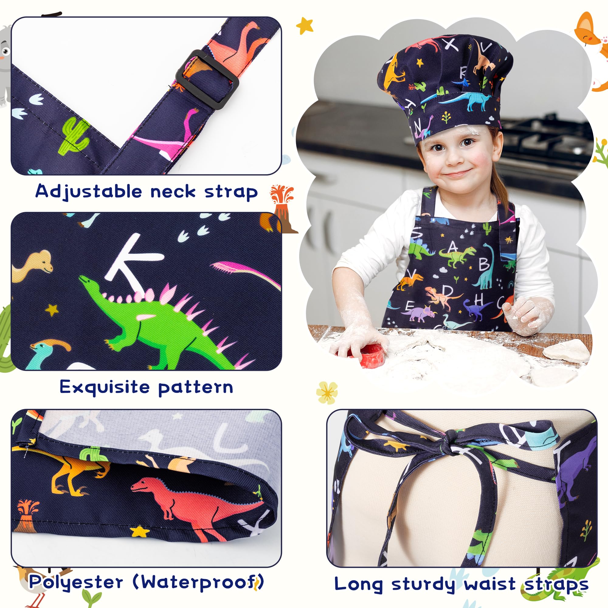 Kids Apron and Chef Hat Set (4 Pieces) – Adjustable, Waterproof, with Alphabet Design and Pockets for Baking, Cooking, Painting