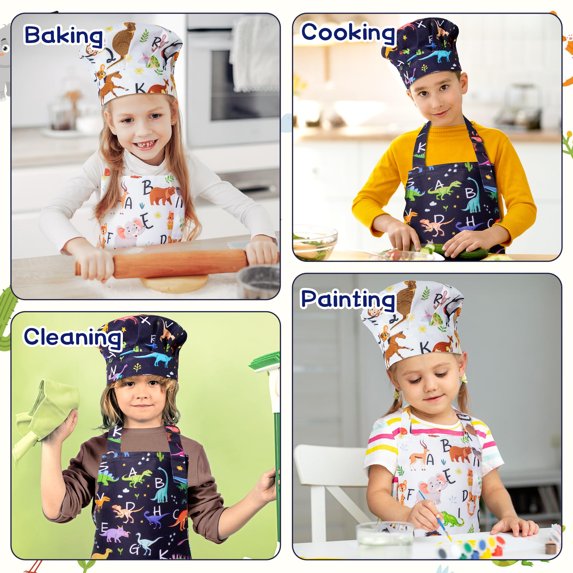 Kids Apron and Chef Hat Set (4 Pieces) – Adjustable, Waterproof, with Alphabet Design and Pockets for Baking, Cooking, Painting