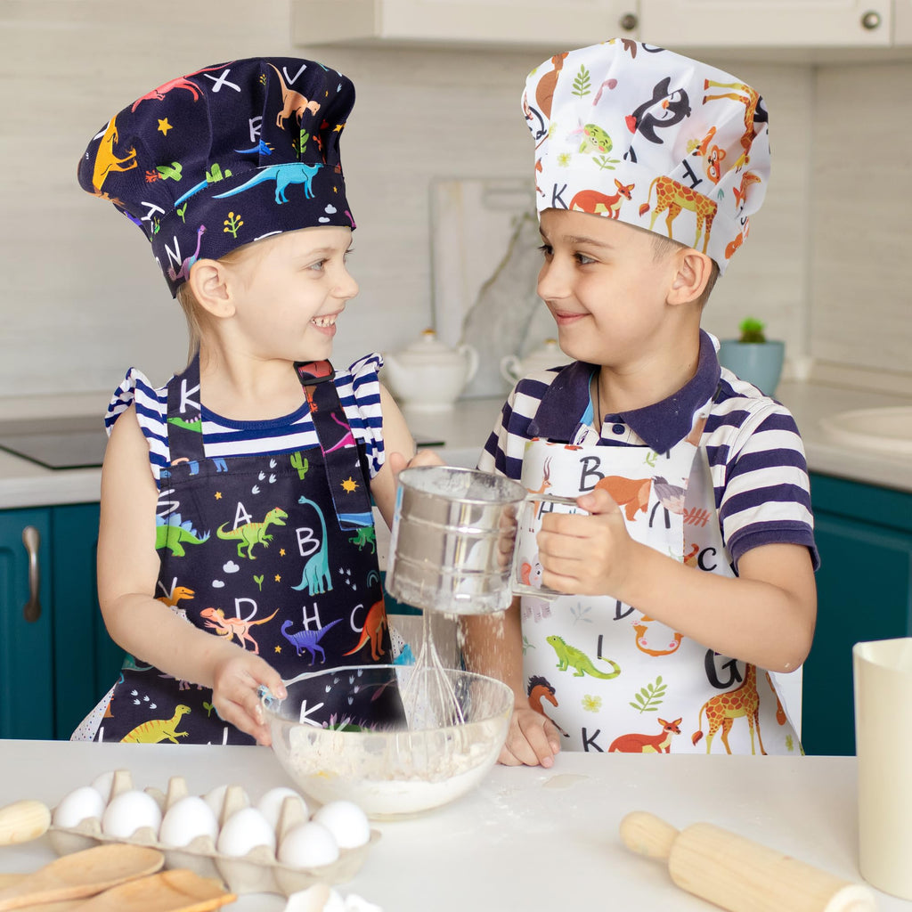 Kids Apron and Chef Hat Set (4 Pieces) – Adjustable, Waterproof, with Alphabet Design and Pockets for Baking, Cooking, Painting
