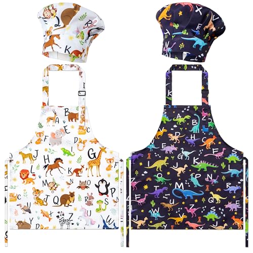 Kids Apron and Chef Hat Set (4 Pieces) – Adjustable, Waterproof, with Alphabet Design and Pockets for Baking, Cooking, Painting