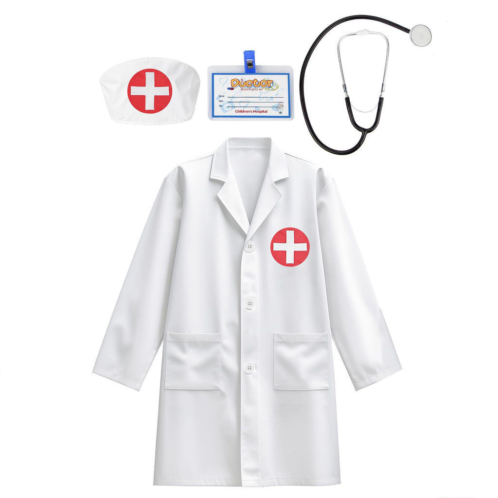 Kids Doctor Coat Set with Stethoscope - 4-Piece Role Play Costume for Boys and Girls Ages 3-12