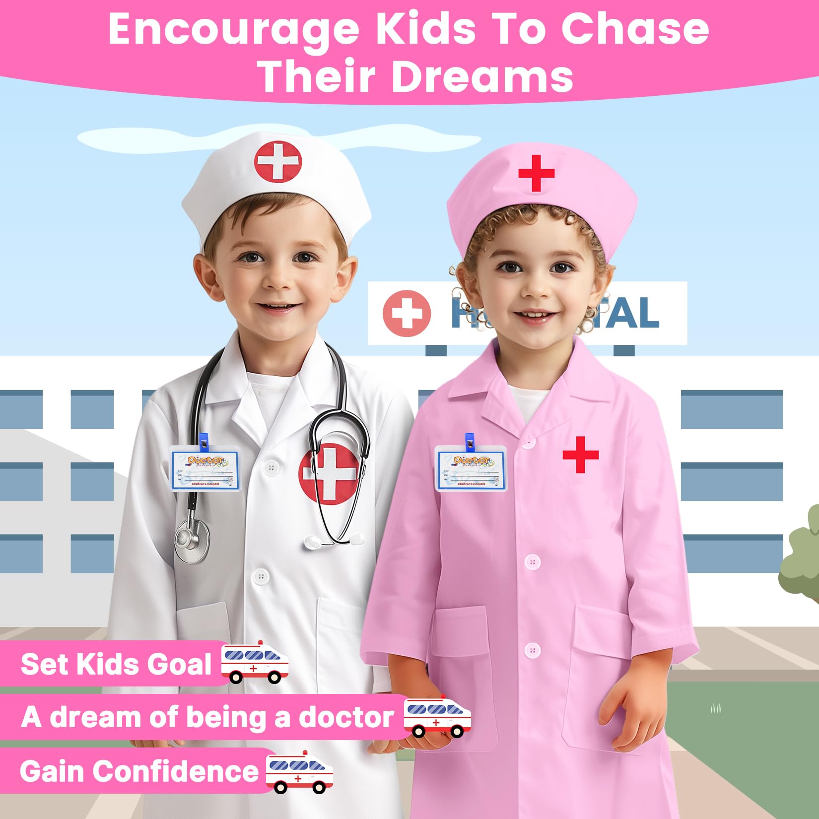 Kids Doctor Coat Set with Stethoscope - 4-Piece Role Play Costume for Boys and Girls Ages 3-12