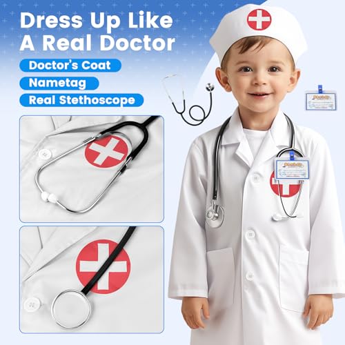 Kids Doctor Coat Set with Stethoscope - 4-Piece Role Play Costume for Boys and Girls Ages 3-12