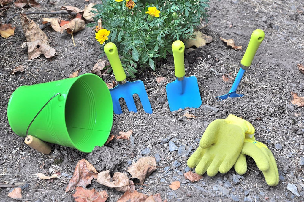 Kids Garden Tool Set with Metal Pail – Real Shovel, Rake, Cultivator for Outdoor Play