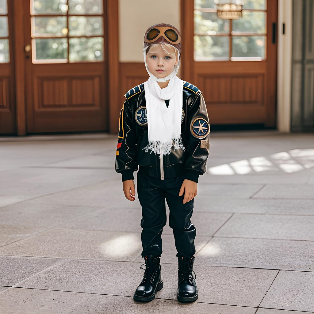 Kids Pilot Aviator Costume Set – Hat with Goggles and White Cotton Scarf by Pistha
