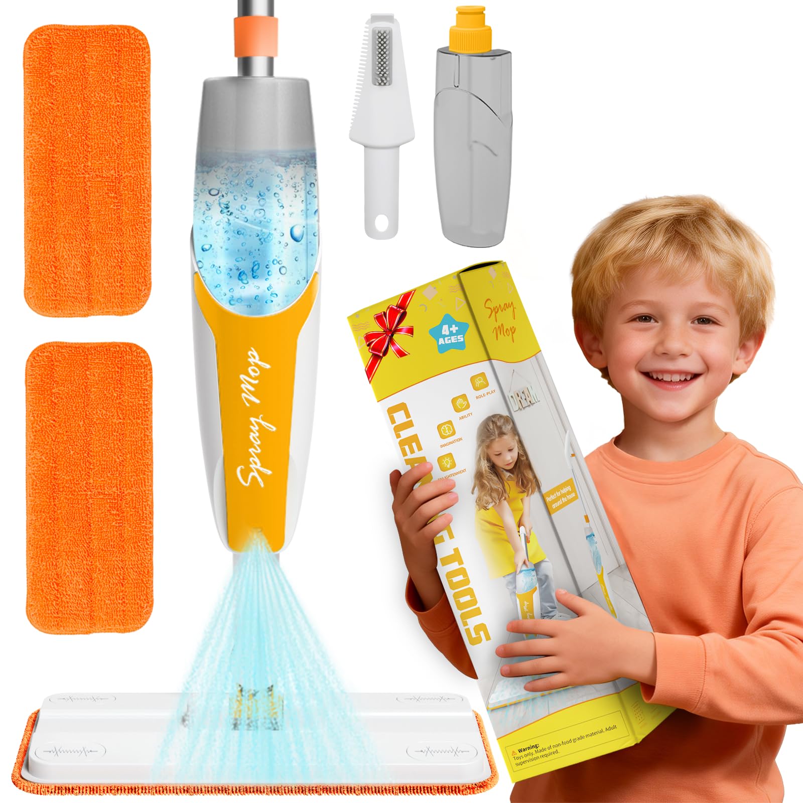 Kids Spray Mop Toy with Real Spray Function – Montessori Cleaning Set for Toddlers, Orange