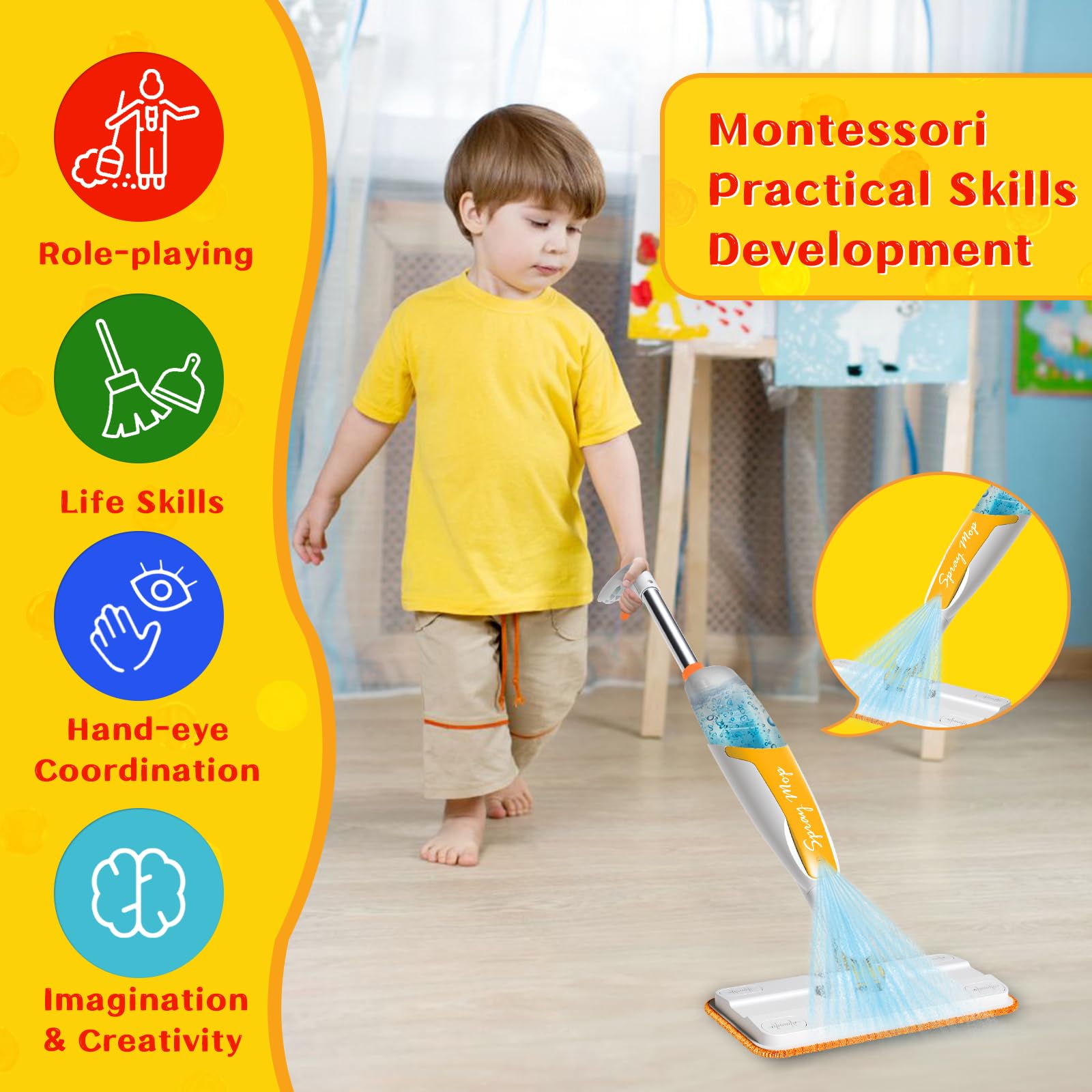 Kids Spray Mop Toy with Real Spray Function – Montessori Cleaning Set for Toddlers, Orange