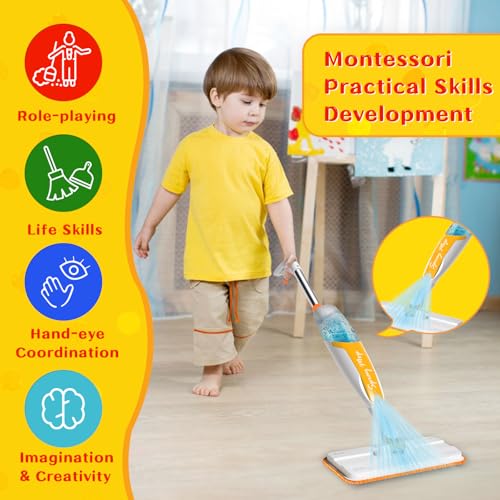 Kids Spray Mop Toy with Real Spray Function – Montessori Cleaning Set for Toddlers, Orange