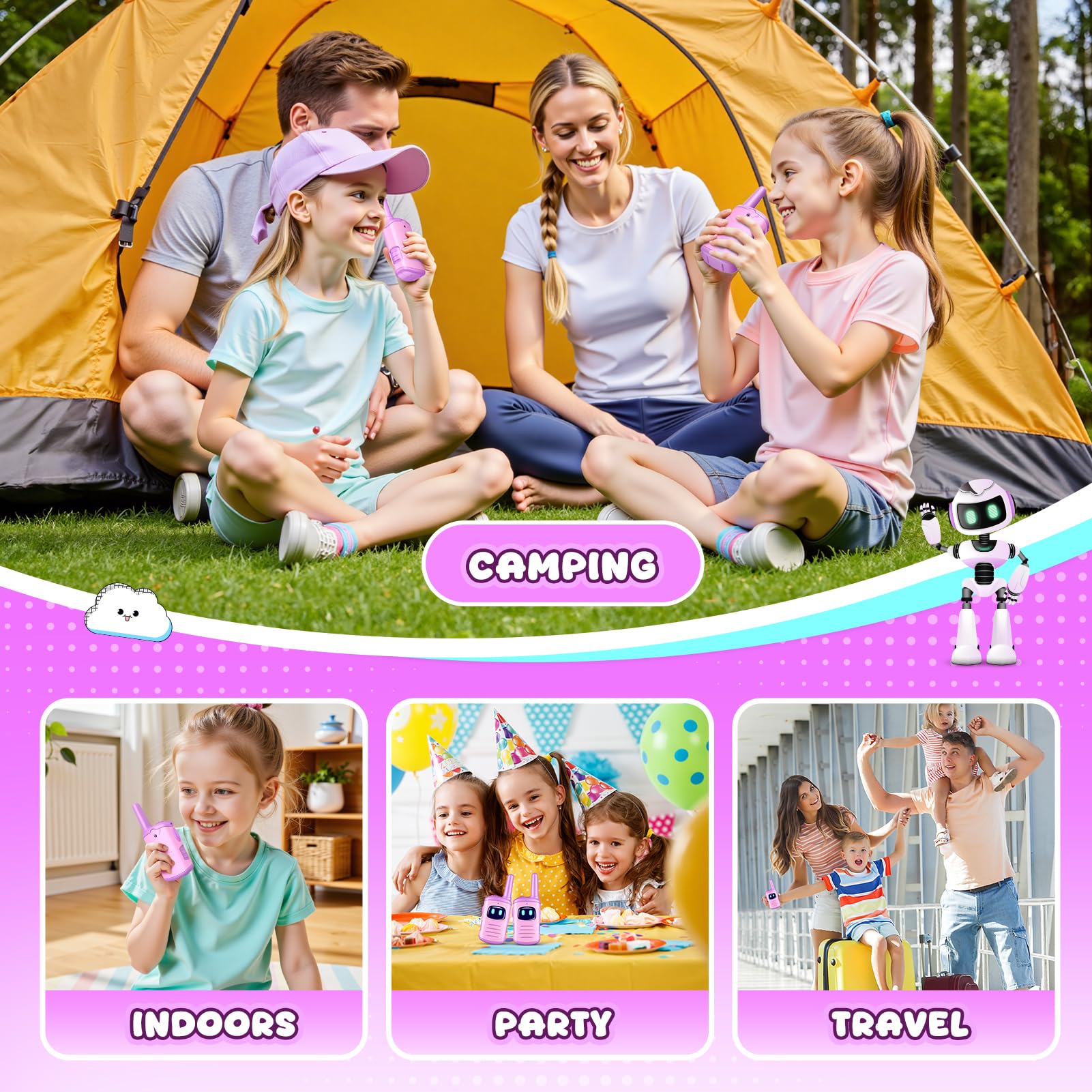 Kids Walkie Talkies 2 Pack for Girls - Mini Lightweight Walkie Talkies Toy for Ages 3-8, Purple, 1000ft Range, Easy to Use