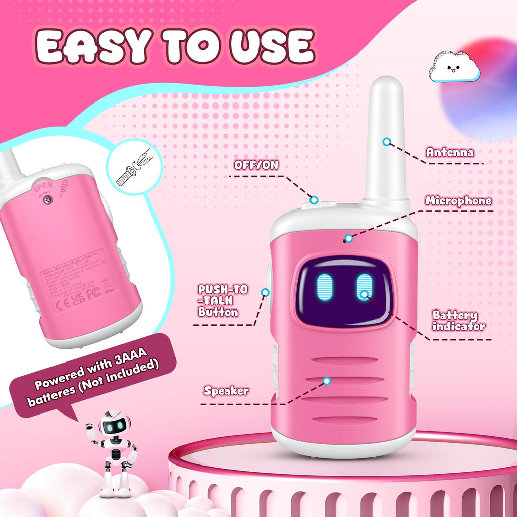 Kids Walkie Talkies for Girls - Pink Mini 2 Pack, 1000ft Range, Simple Push-to-Talk for Ages 3-8