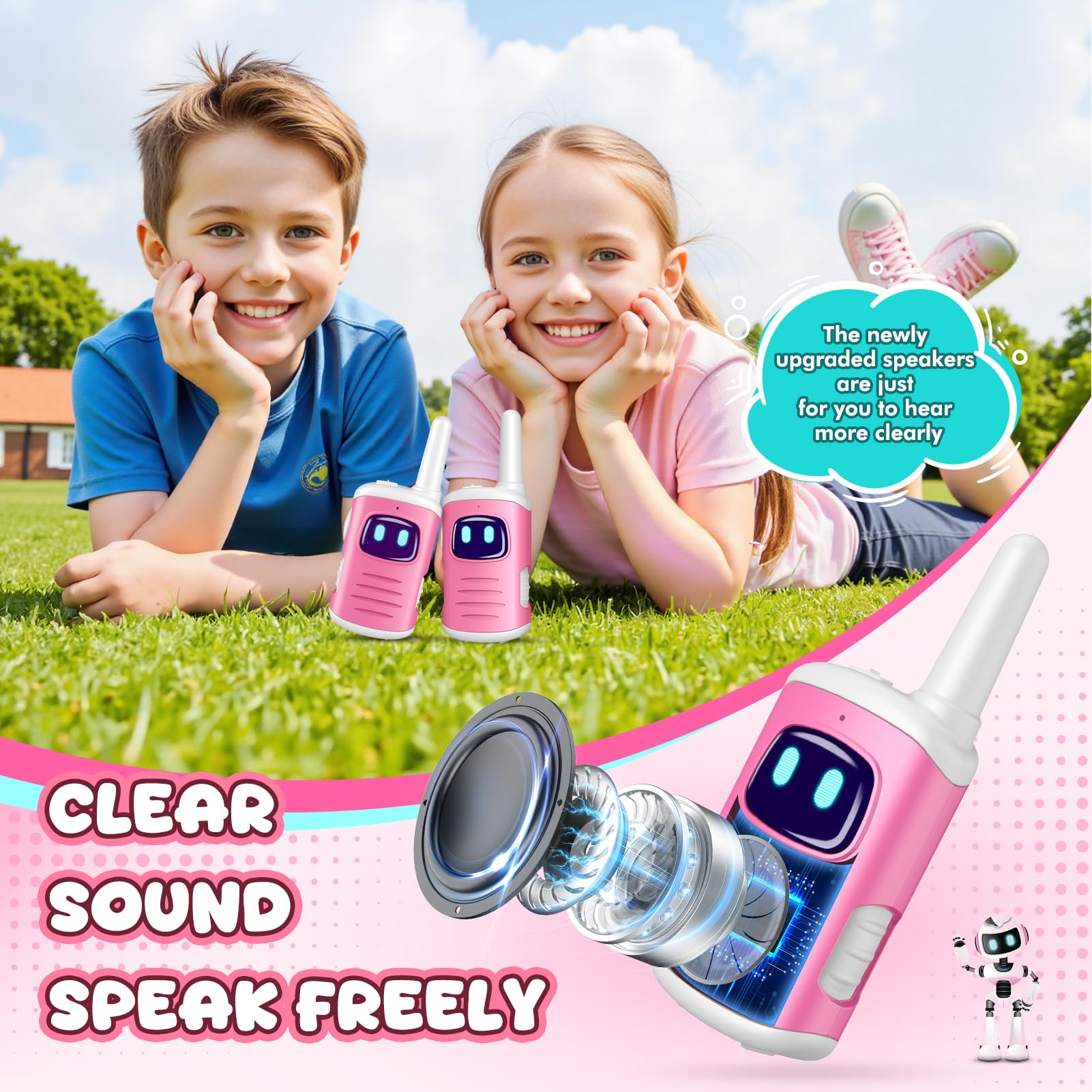 Kids Walkie Talkies for Girls - Pink Mini 2 Pack, 1000ft Range, Simple Push-to-Talk for Ages 3-8