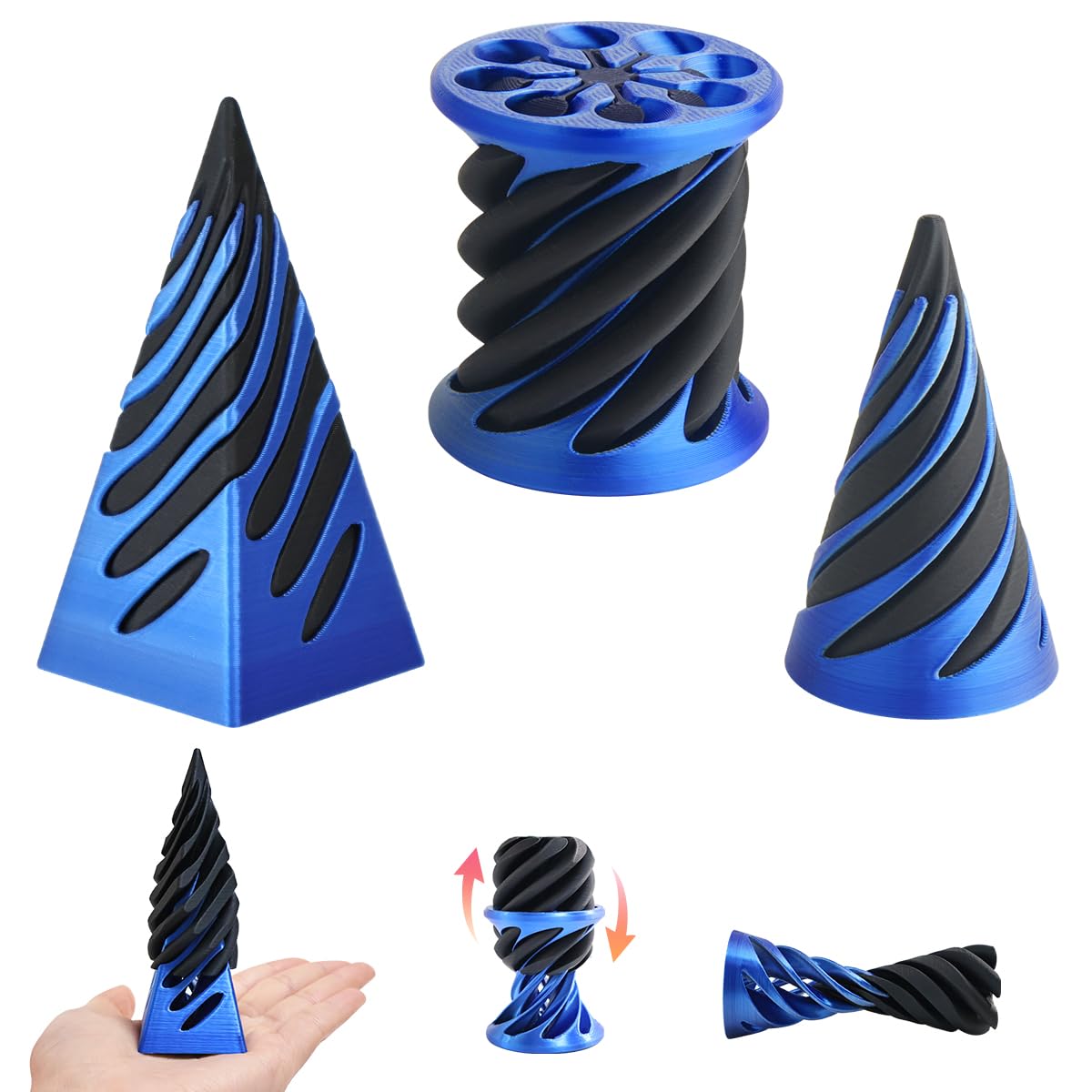 KIFOUBR 3-Pack Impossible Cone Fidget Toy - Spiral Cone 3D Printed Stress Relief Toy (Blue)