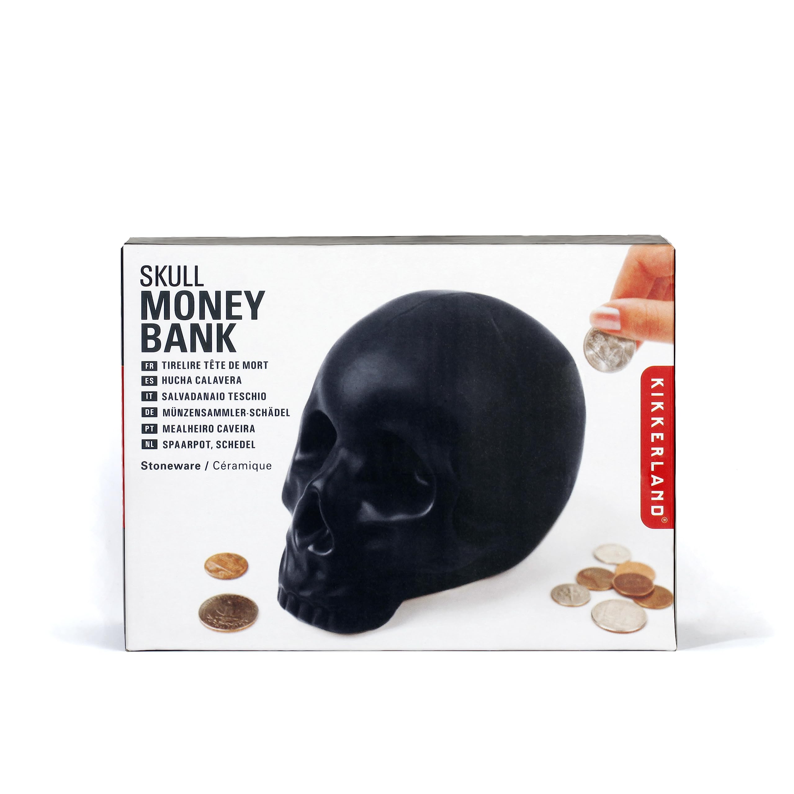 Kikkerland Ceramic Skull Coin Bank – Halloween Money Saver with Rubber Stopper