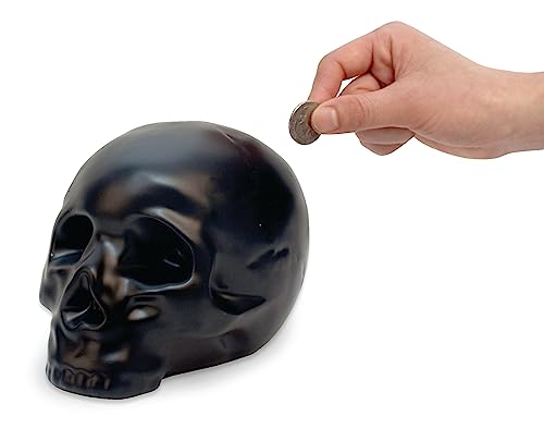 Kikkerland Ceramic Skull Coin Bank – Halloween Money Saver with Rubber Stopper
