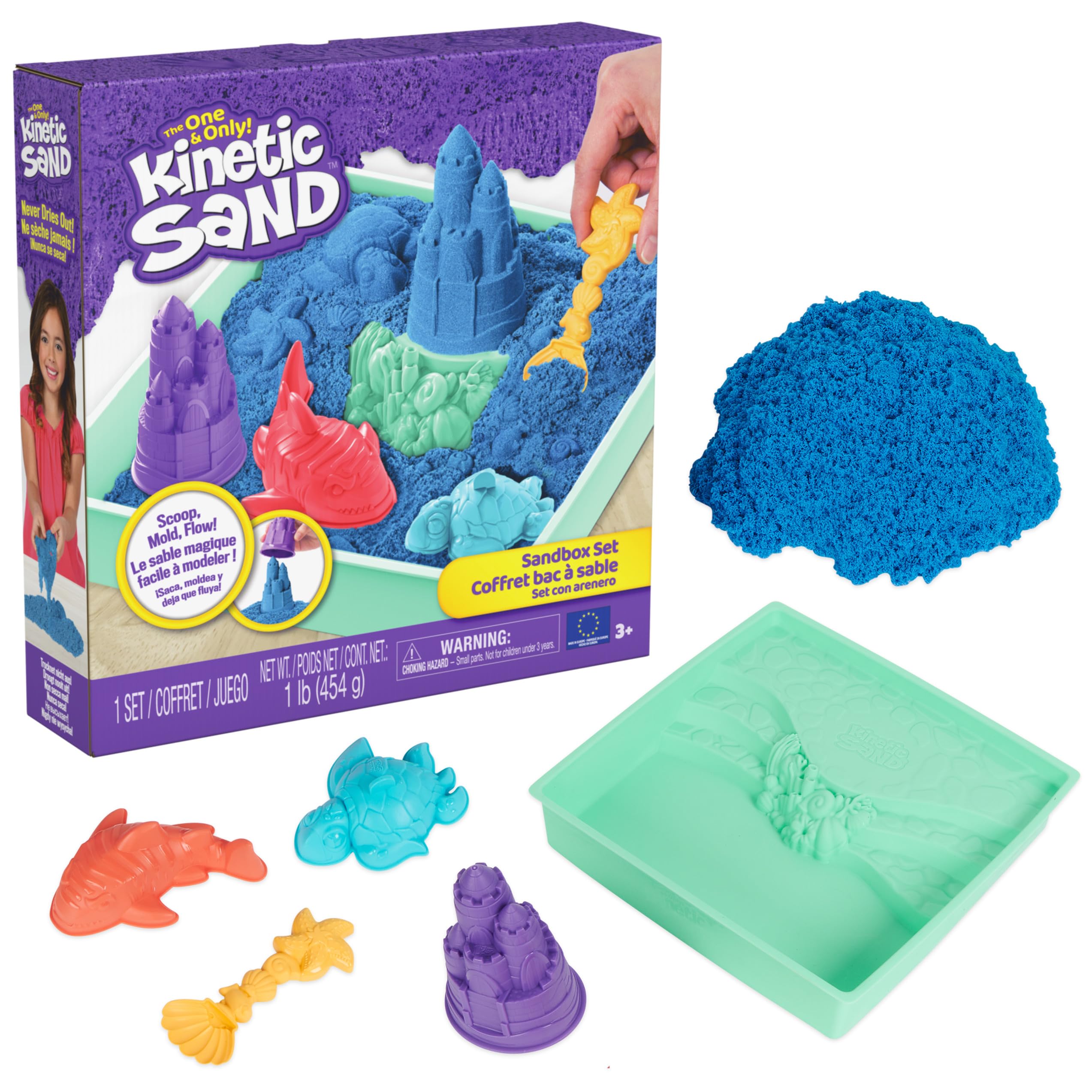 Kinetic Sand Sandbox Set - 1lb Blue Play Sand with 4 Molds and Storage Tray for Ages 3+