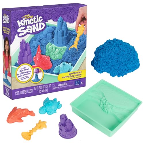 Kinetic Sand Sandbox Set - 1lb Blue Play Sand with 4 Molds and Storage Tray for Ages 3+