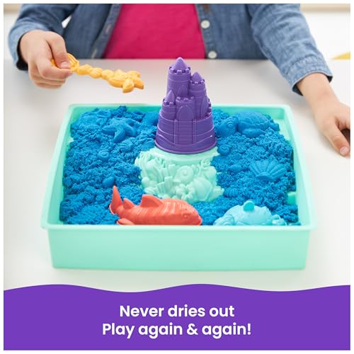 Kinetic Sand Sandbox Set - 1lb Blue Play Sand with 4 Molds and Storage Tray for Ages 3+