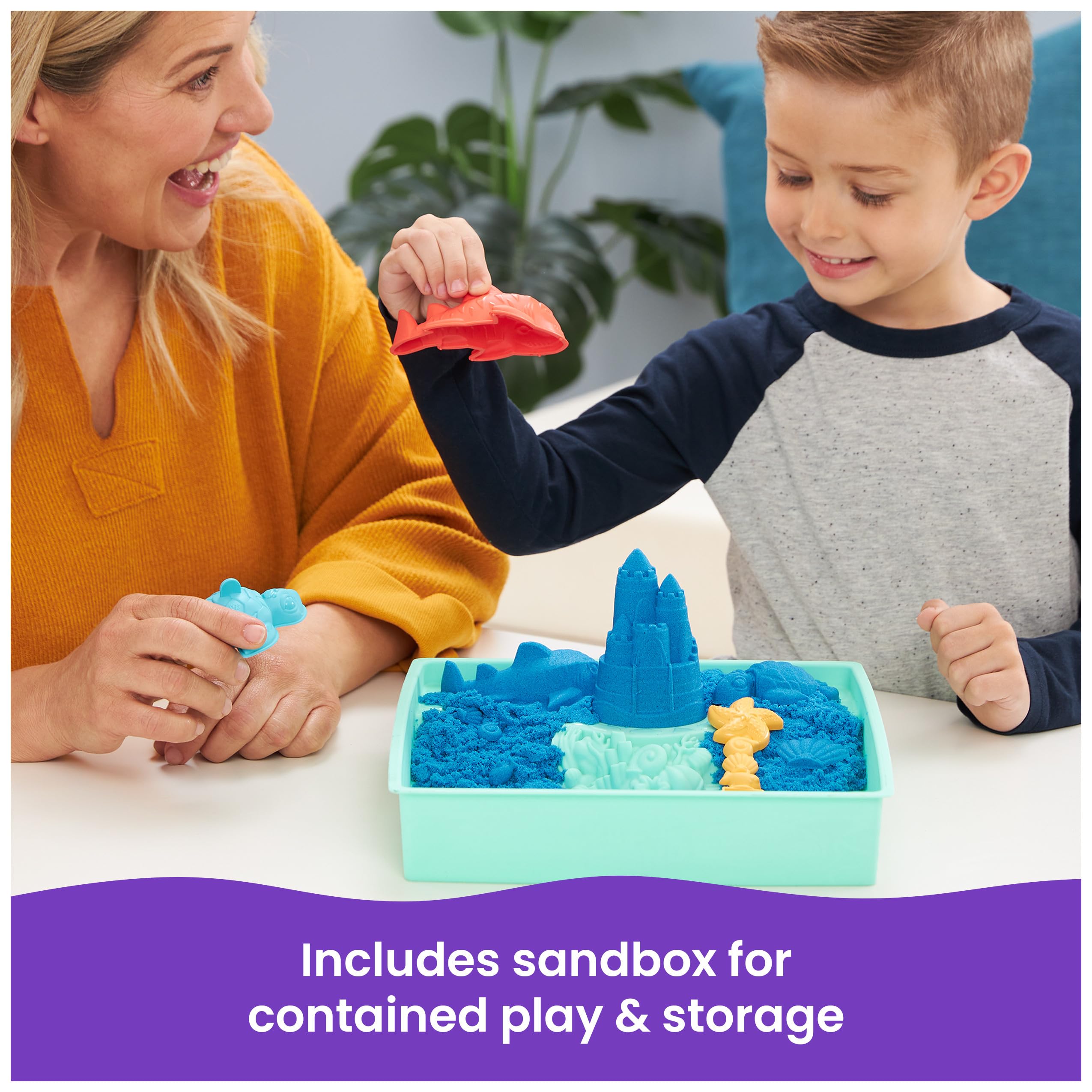 Kinetic Sand Sandbox Set - 1lb Blue Play Sand with 4 Molds and Storage Tray for Ages 3+