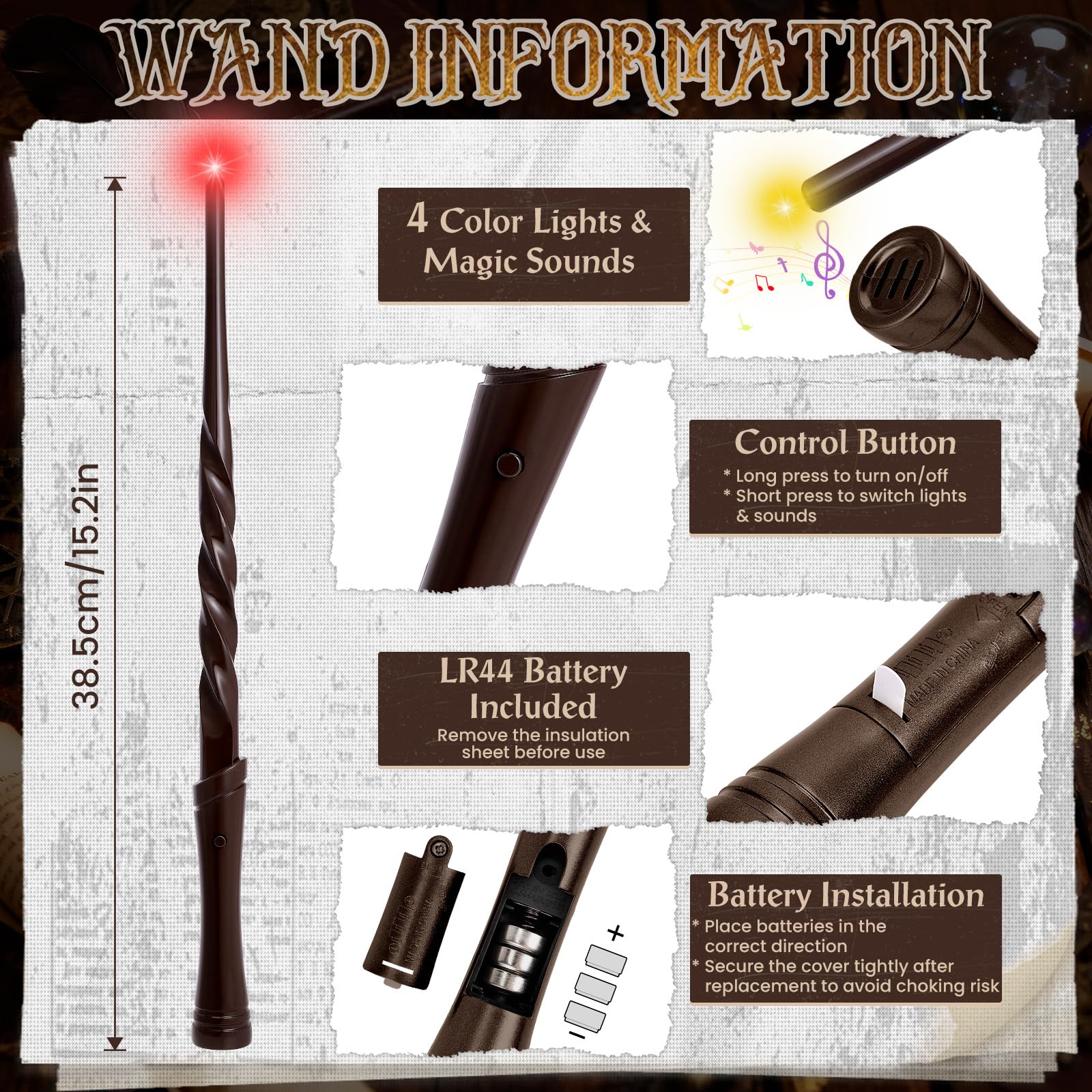 KingGlee Light Up Wizard Wand Set – 2 Brown Wands with 4 Light Modes and Sounds