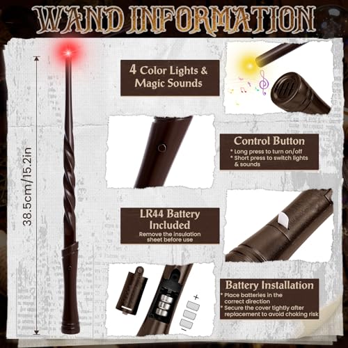 KingGlee Light Up Wizard Wand Set – 2 Brown Wands with 4 Light Modes and Sounds