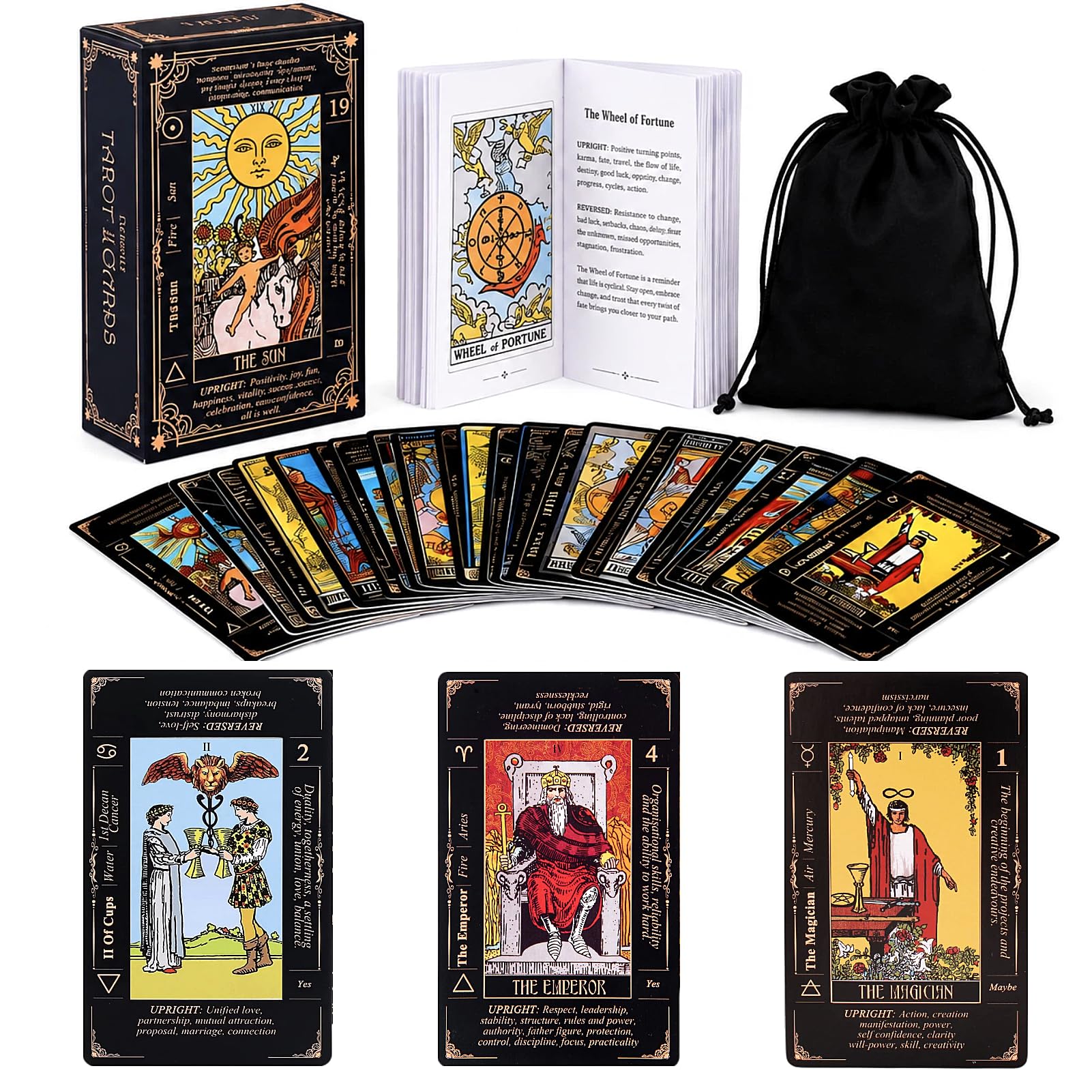 King's Palace Rider Waite Tarot Deck for Beginners – 78 Cards with Printed Meanings, Guidebook & Velvet Bag