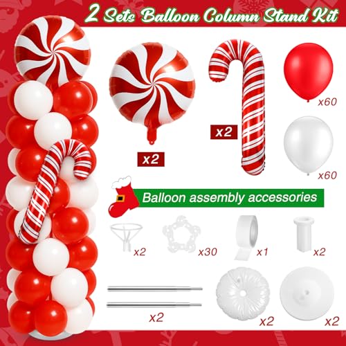 Kinlop 2-Pack Christmas Balloon Column Stand Kit – Red & White Foil and Latex Balloons with Adjustable Poles